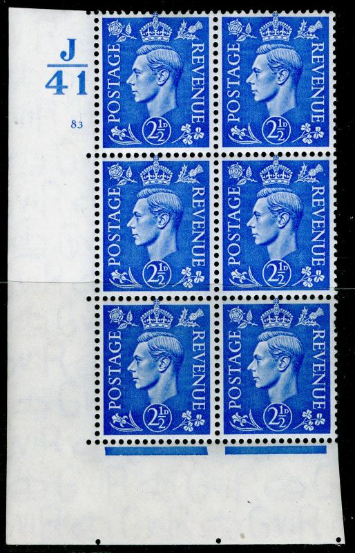 SG489, 2½d light ultra, NH MINT. Cat £50. CONTROL J41 CYL 83 NO DOT BLOCK OF 6.