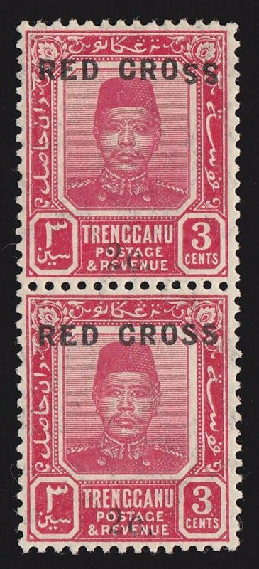 TRENGGANU MALAYA 1917 Red Cross 2c on 3c SE-TENANT PAIR ERROR SS INVERTED