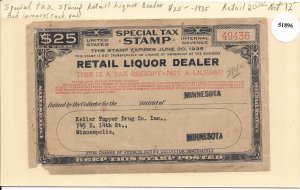 $25.00 Retail Liquor Dealer Special Tax Stamp 1934-1935 (51896)