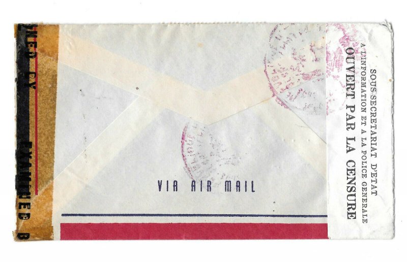 Haiti Double Censor Airmail Cover Exam 7422 1943 Port au Prince to US Sc 351 353