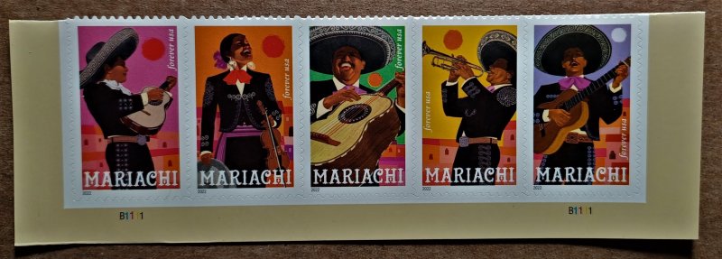 United States #5703-5707 (60c) Mariachi MNH strip of 5 plate #B1111 (2022)