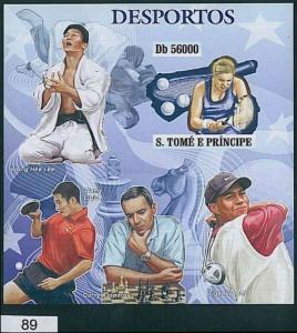 Sao Tome e Principe 2009, IMPERF SHEET: Tiger Woods, Tennis, Karate, Chess, Golf