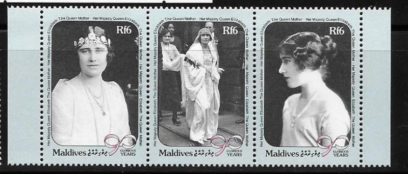 Maldive islands 1990 Queen Mother 90th Birthday Strip Scott 1411-1413 Mint
