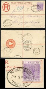 MOROCCO AGS SGZ147 Gibraltar 20c registered envelope uprated with 50c Bright Li