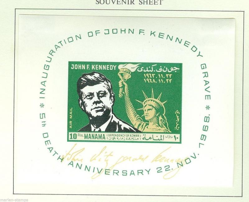 MANAMA JOHN F. KENNEDY & STATUE OF LIBERTY  SILVER  FOIL S/S  MINT HINGED