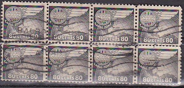 Canal Zone C26 1951 Globe Used block of 8