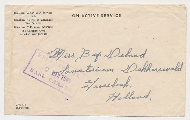 OAS  Canada - Groesbeek The Netherlands 1945 - RELEASED BY BASE CENSOR - WWII