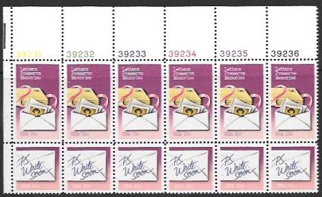 US #1805-06 MNH Plate Block of 12. Letters Preserve Memories.  P.S. Write Soon