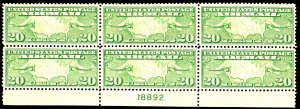 U.S. #C9 MINT PL# BLOCK OF 6 OG LH CREASES PINHOLES SML THIN