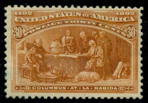 US #239 30¢ Columbian, og, LH, tiny perf thin otherwise VF, Scott $240.00