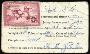 US Stamps # RW2 Duck Used F Fine On License, 1935, Faulty. Rare License