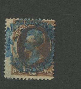 1873 US Stamp #157 2c Andrew Jackson Used Average Fancy Blue Hearts 3 Canceled