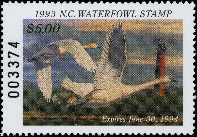 NORTH CAROLINA #11 1993 STATE DUCK STAMP TUNDRA SWAN/LIGHTHOUSE by Bruce Miller