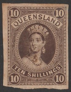 QUEENSLAND 1882 QV Large Chalon 10/- IMPERF proof with 'S'. SG 155(p). Very rare