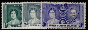 TURKS & CAICOS ISLANDS GVI SG191-193, 1937 CORONATION set, FINE USED.