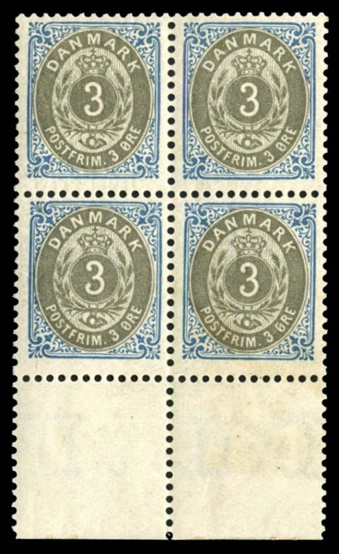Denmark #41b Cat$96+, 1884 3o blue and gray, inverted frame, bottom margin bl...