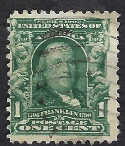 United States #300 1¢ Benjamin Franklin (1902-03). Blue green. VG. Used