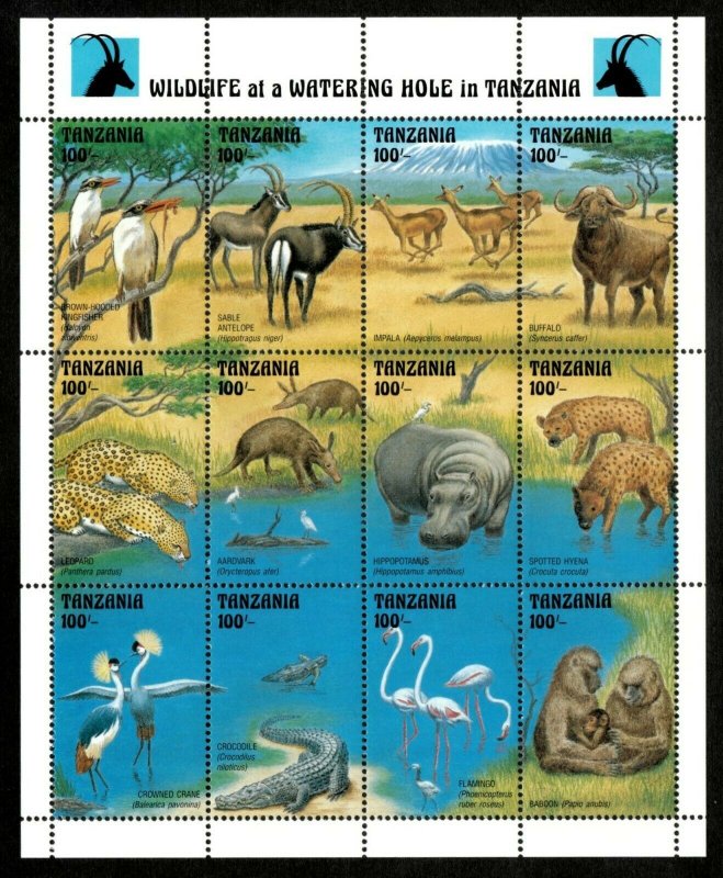 Tanzania 1993 - Wildlife at the Watering Hole - Sheet of 12v - Scott 1000M - MNH