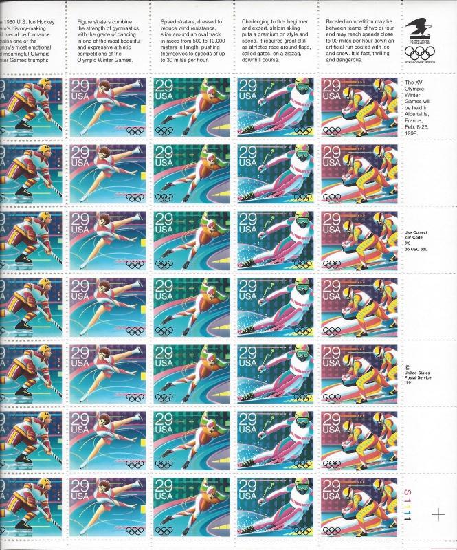 2611 15 Full Sheet of Stamps Olympics Winter 1992 Hockey Skating Skiing Bobsled