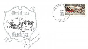 US EVENT CACHET COVER CHRISTMAS 10c CANCELLED AT NAZARETH SIGNED POSTMASTER 1974