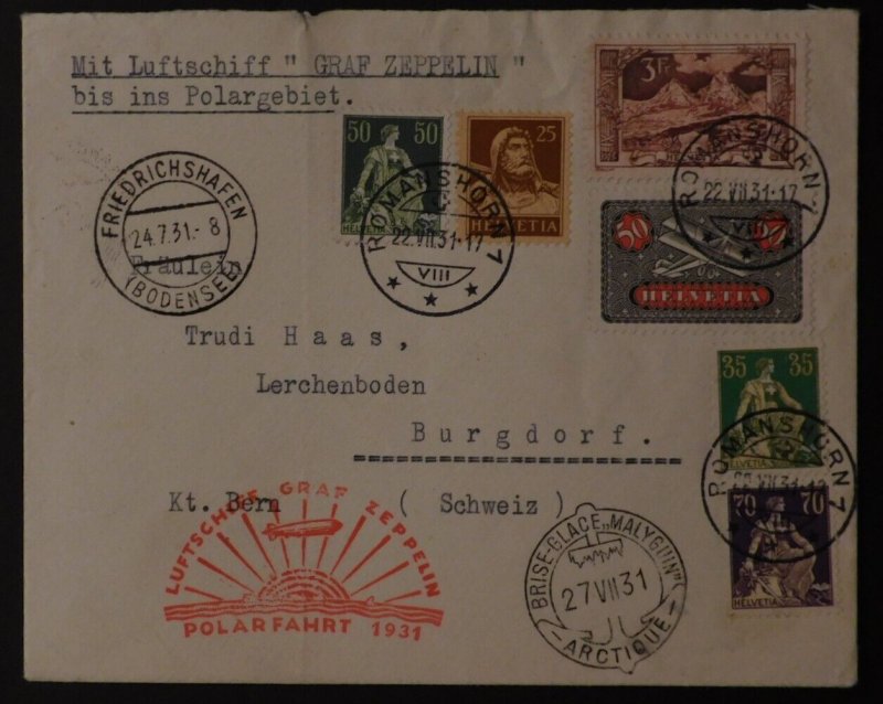 1931 Romanshorn Switzerland Graf Zeppelin LZ 127 Polar Flight Cover to Burgdorf