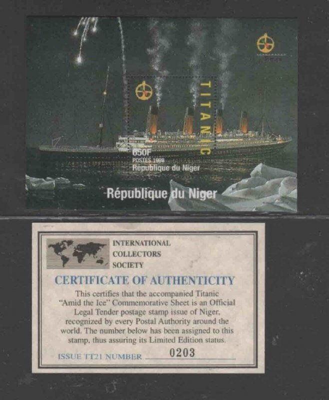 NIGER 1998 TITANIC MINT VF NH O.G S/S W/CERT (3NI) cc