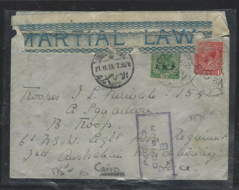 INDIA IEF+GB KGV 1D (P1708BB) 1915 MARTIAL LAW TAPE CENSORED TO AUSTRALIAN BATT 