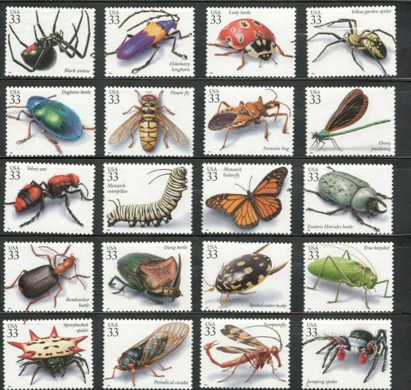 3351 (a-t) Insects & Spiders Complete Set 20 Singles Mint/nh Ships Free (A-369)