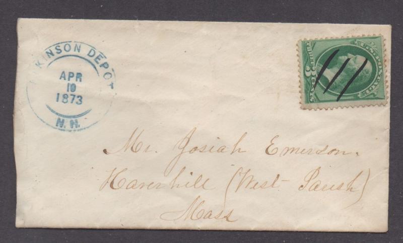 **US 19th Century Cover SC# 147 Atkinson Depot, NH, 4/10/1873 Green CDS, DPO1 