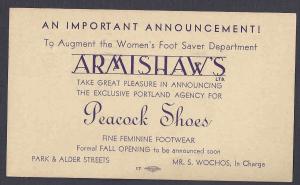 1933 ARMISHAWS EXCLUSIVE PEACOCK SHOE REP, PORTLAND OR