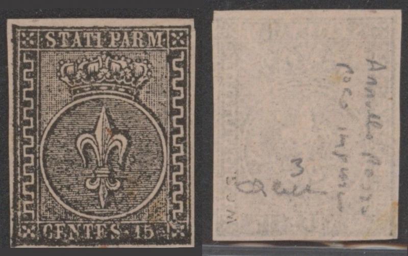 Italy Parma 1852 Coat of arms 15C Mi.3P black on white paper PROOFS SIGNED MN...