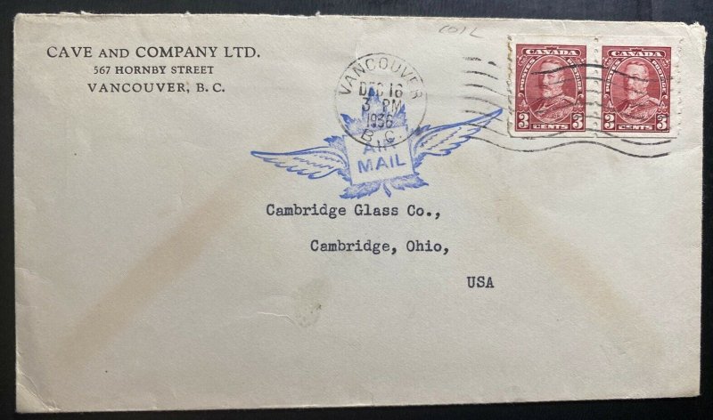 1936 Vancouver Canada Airmail Coil Stamp Cover To Cambridge OH USA 