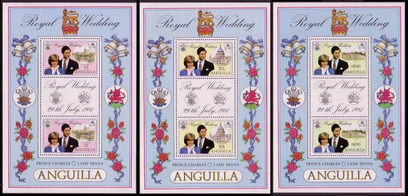 Anguilla Charles and Diana Royal Wedding MS x 3 SG#464-466 MI#442-444