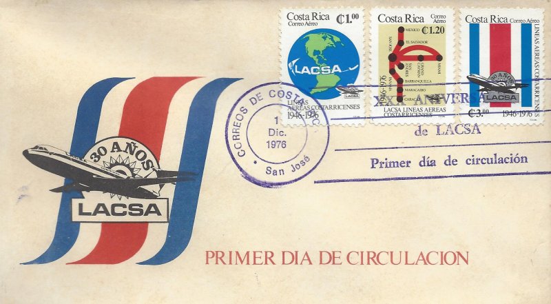 COSTA RICA LACSA AIRLINES 30th ANNIV,GLOBE,MAP,EMBLEM,FLAG Sc C677-C679 FDC 1976