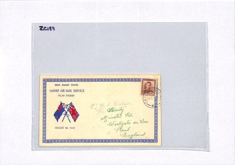 NEW ZEALAND Air Mail FIRST FLIGHT GB via AUSTRALIA Wanganui Westgate 1938 ZC189 