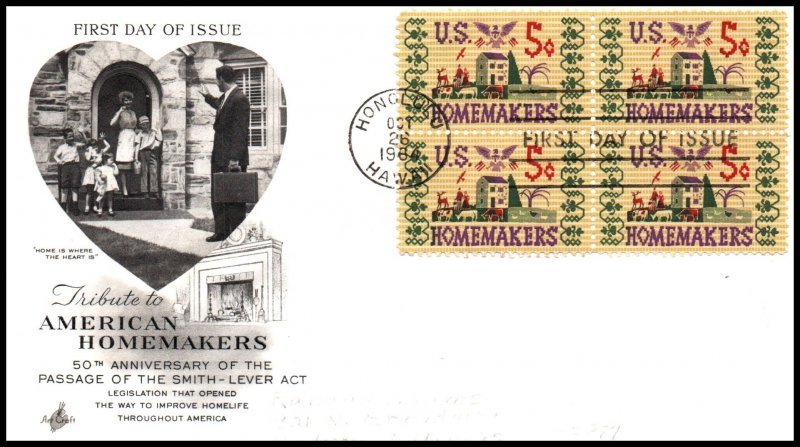 US 1253 Homemakers Block of Four Artcraft Pencil FDC