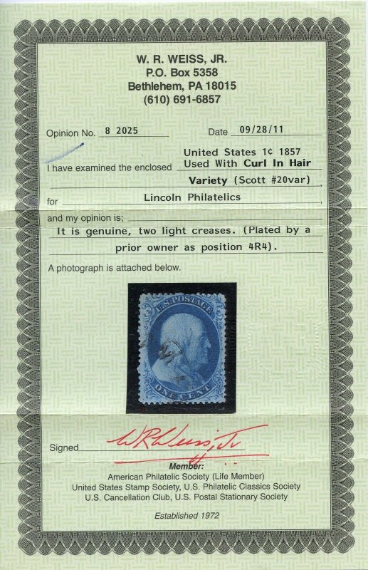 US SCOTT #20 Var, Used-F-VF Weiss Cert Light Creases (DFP 4/10/20) 