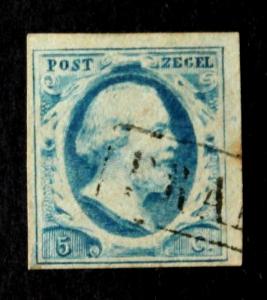 NETHERLANDS #1a USED 5c. BLUE 1852 KING WILLIAM III ISSUE