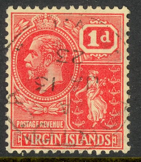 BRITISH VIRGIN ISLANDS 1922-28 KGV 1d Rose Red COLONY SEAL Issue Sc 54 VFU