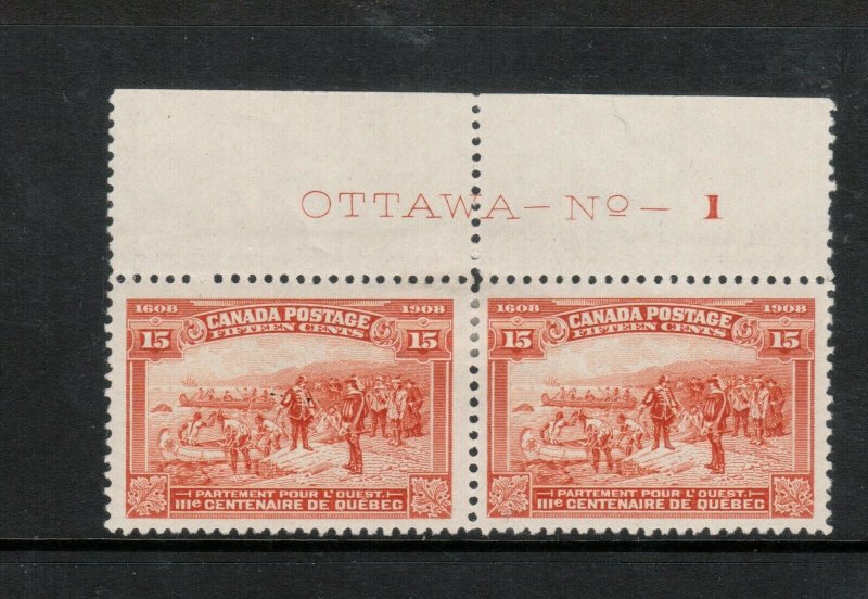 Canada #102 Very Fine Mint Plate #1 Pair Full Original Gum Hinged