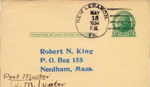 United States Pennsylvania Lebanon 1934 4c-bar  1849-1934  Postal card  Phila...