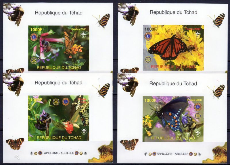 Chad 2008 Butterflies and Bees Rotary/Lions/Mushrooms/Scout 4 S/S IMPERF.MNH