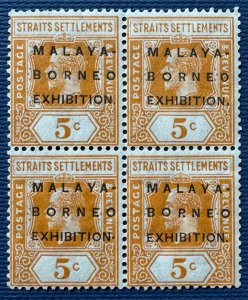 MALAYA-BORNEO EXHIBITION MBE opt Straits KGV 5c 4V Block features SG#253 M5502