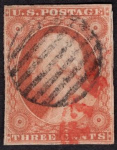 US #10a Extra Fine, Used. Black grid & red town cancel.