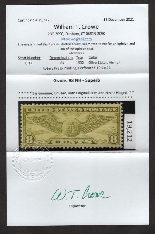 US Sc#C17 M/NH/Sup 98 Crowe Cert SMQ. $1300