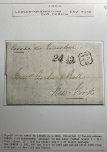 1863 London England Letter Sheet Cover To New York Usa SS Canada Unpaid