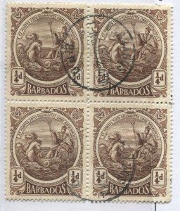 Barbados KGV 1916 1/4d wmk inverted block of 4 used