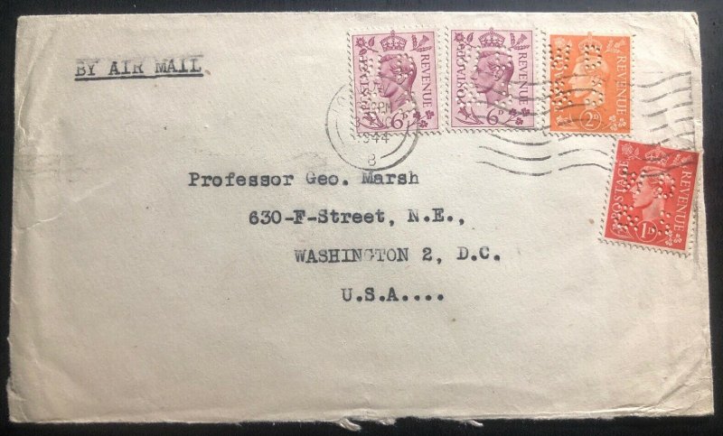 1944 London England Commercial Cover To Washington DC Usa Perfin Stamp