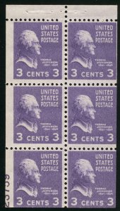 US #807a BOOKLET PANE with PLATE NUMBER, large 70% plate 23759, mint never hi...