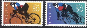 United States #3119a-b 2 x 50¢ Cycling. Two singles from souvenir sheet. MNH